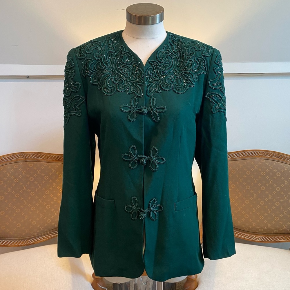 Vintage 80s Nolan Miller Elegant Green Beaded Embroidered Women's Blazer Jacket